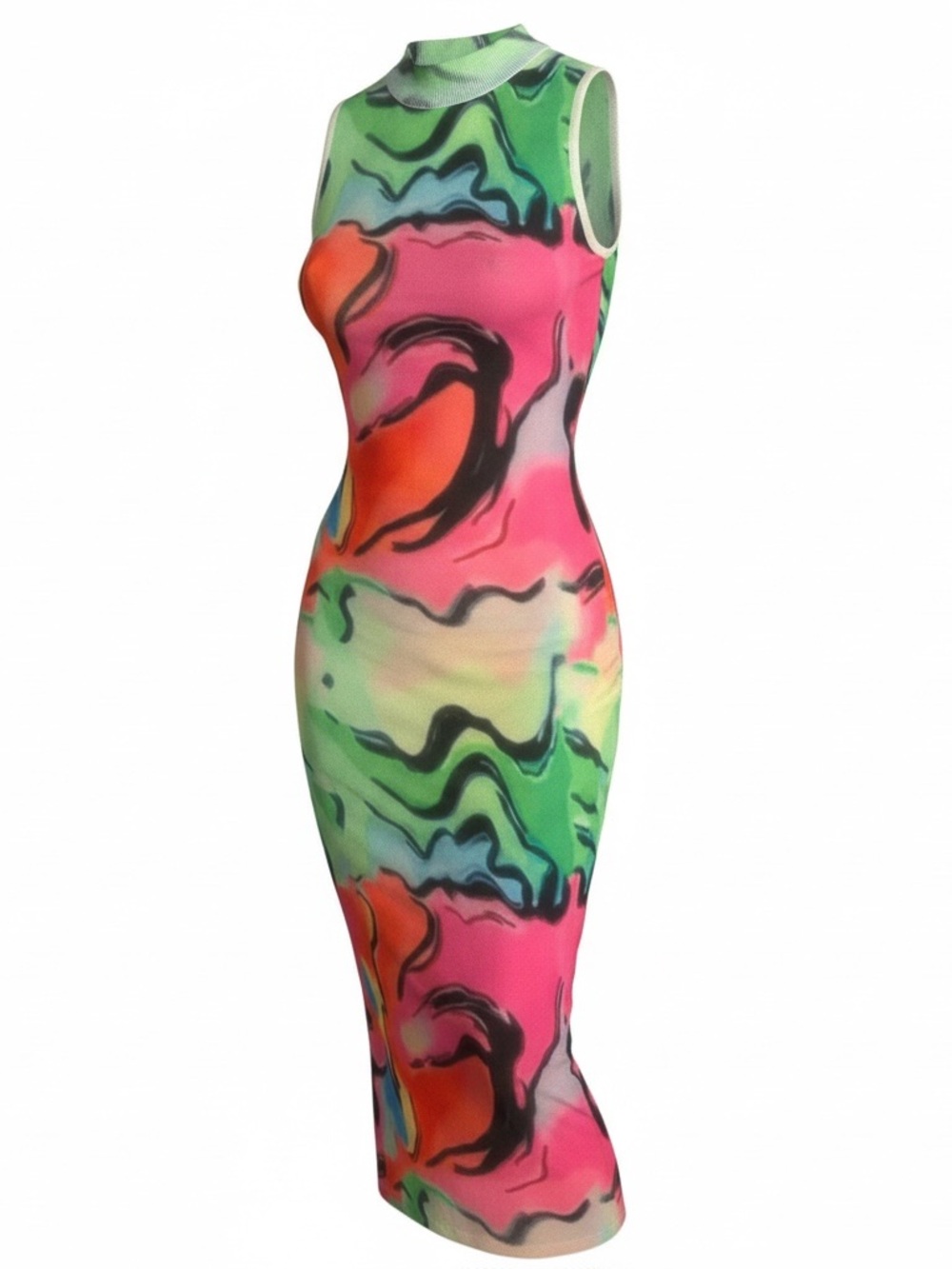Akira Marble-Print Sleeveless Midi Dress in Pink, Green & Orange, Neon Bodycon